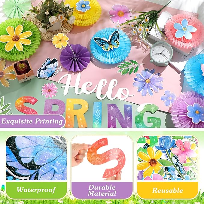 Fuutreo Spring Bulletin Board Set Hello Spring Flowers Cutouts Paper Fans Bulletin Board Border Classroom Decoration for School Office Home Teacher Wall Supply
