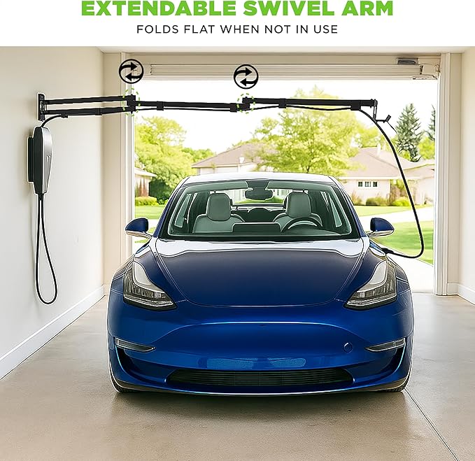 EV Charging Cable Holder - Extendable Arm Wall Mount for Electric Vehicle Charging Equipment - EV Charging Cable Organizer - EV Cable Holder - Made in USA - Black - 9-1/4' - No Holster