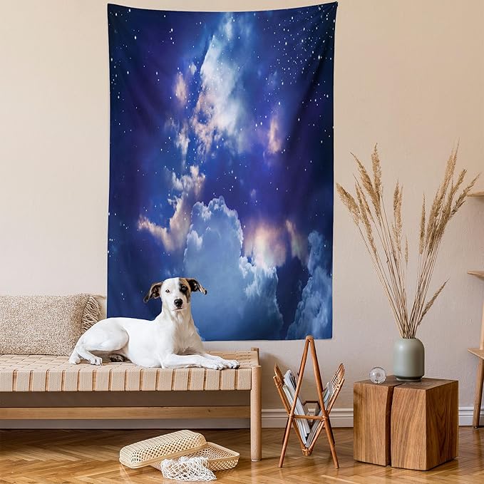 Ambesonne Space Tapestry Queen Size, Magic Sky View with Star and Clouds Celestial Colorful World Cosmic Expanse Theme, Wall Hanging Bedspread Bed Cover Wall Decor, 88" X 88", White and Blue