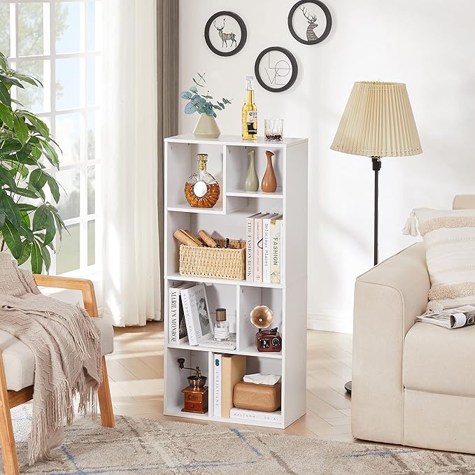 VECELO 42" Modern White Bookshelf, 7 Cube Organizer Bookcase,Fits Tallest Hardcovers, Horizontal Available,Floor Standing Display,Easy Assembly,White