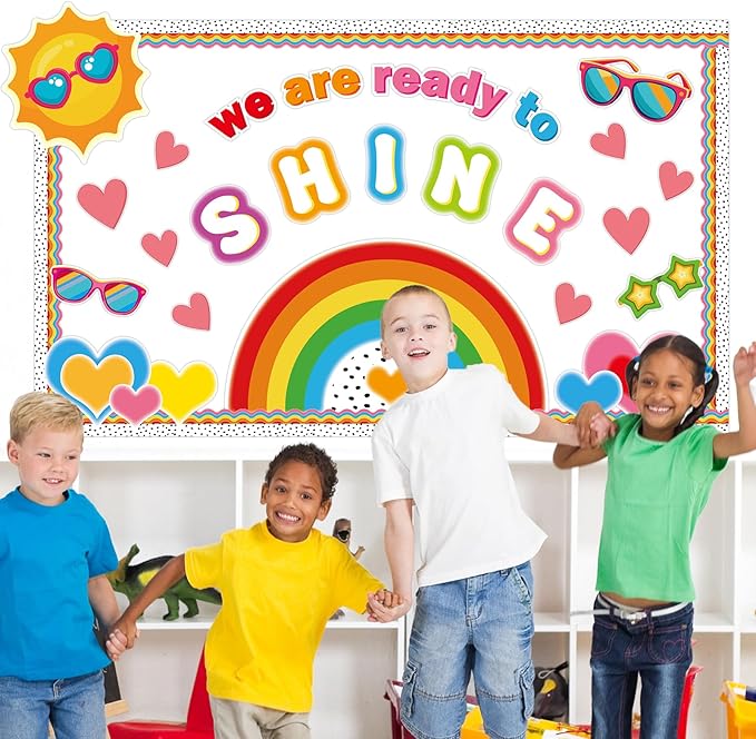 Back to School Summer Sun Bulletin Board Decorations We are Ready to Shine Boho Rainbow Bright Classroom Bulletin Board Borders Sunglasses Paper Cutouts Teacher Supplies Nursery Home Office Wall Decor