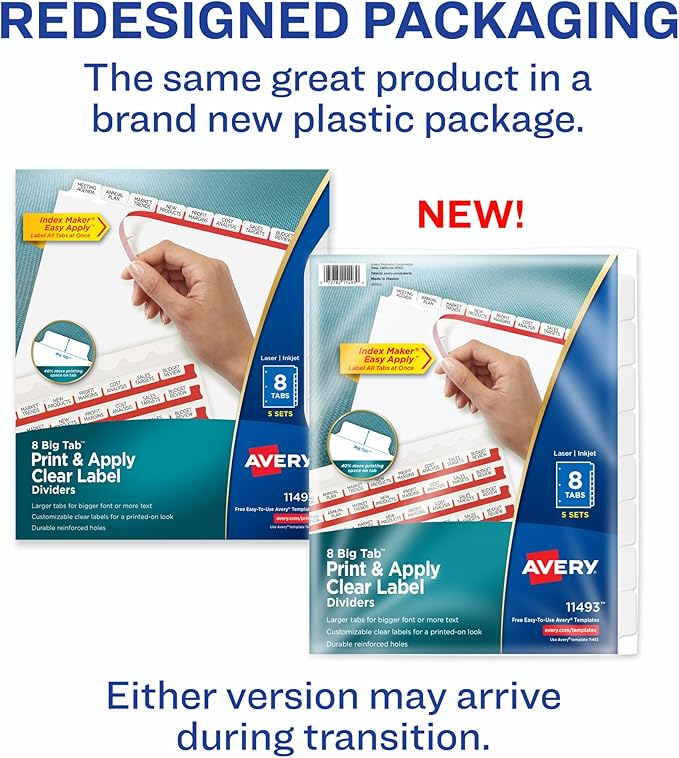 Avery 8 Big Tab Dividers for 3 Ring Binder, Easy Print & Apply Clear Label Strip, Index Maker Customizable White Tabs, 5 Sets (11493)