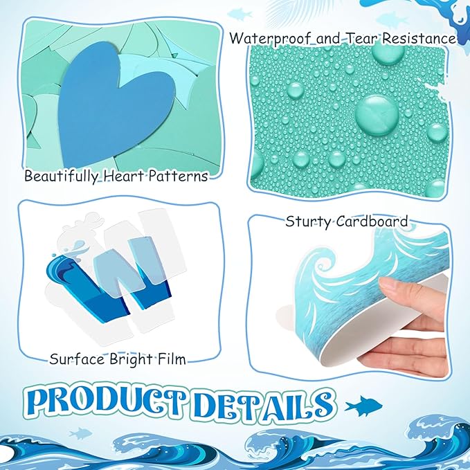 Epakh DIY Ocean Waves Bulletin Board Set Ocean Theme Classroom Decorations Blue and White Fish Heart Shaped Paper Cutouts with Waves Borders for Summer Back to School Office Library Supplies