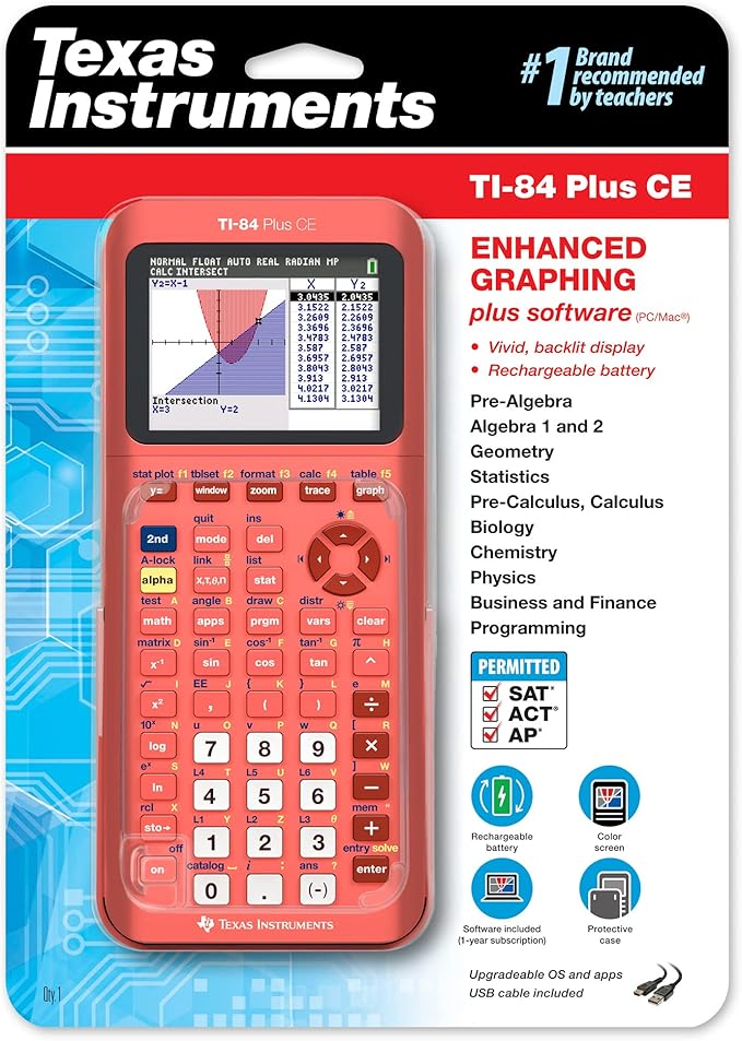 Texas Instruments TI-84 Plus CE Color Graphing Calculator, Coral (Metallic)