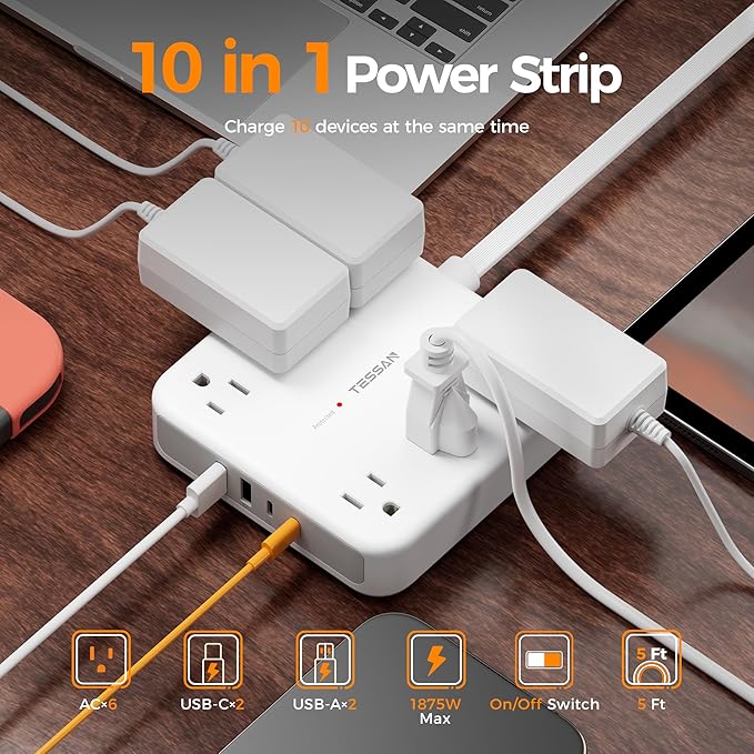 TESSAN Surge Protector Power Strip 2100J, 5 Ft Flat Plug Extension Cord with Multiple Outlets, 4 USB (2 USB C) 6 Outlets, 1875W 15A, 20W Multiple Desk Charging Station for Home, Office, Dorm Room