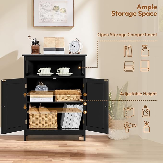 Yaheetech Bathroom Storage Cabinet, Wooden Free Standing Storage Organizer with 2 Doors & 1 Open Compartment, Adjustable Shelf,Floor Cabinet for Bathroom, Living Room, Hallway, Black