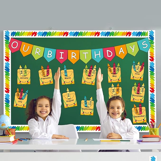 Birthday Bulletin Board Set for Classroom Decorations Pencil Box Cutouts Colorful Pencil Tags with Trim Borders for Back to School Birthday Chalkboard Door Wall Decors Supplies