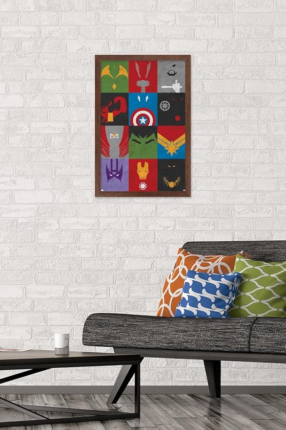 Trends International Marvel Comics - Avengers - Minimalist Grid Wall Poster, 14.725" x 22.375", Mahogany Framed Version