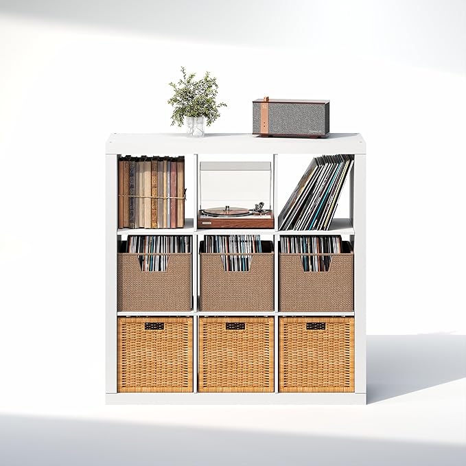 Furinno Cubicle Record Player Stand with Vinyl Storage, 9-Cube Vinyl Record Storage, 1.65" Triple Thick Open Back Media Shelf for CD DVD Blueray Game Disc, for Living Room, Home Office, White