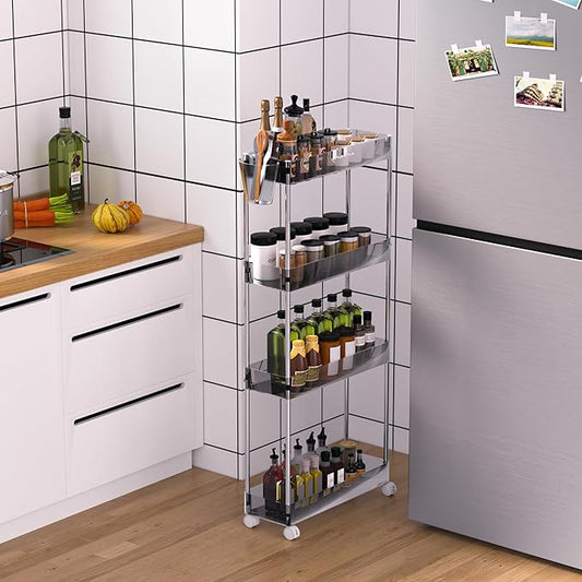 VECELO Acrylic 4-Tier Rolling Cart, Slim Utility Cart for Storage, Mobile Storage Cart with Lockable Wheels Hooks&Bucket for Office,Kitchen,Laundry Room Bathroom Living Room, Clear