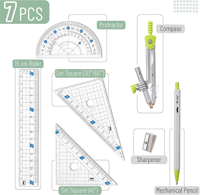 Mr. Pen- Geometry Set, 7 pcs, Compass for Geometry Compass Math, Geometry Kit with Storage Box, Math Compass, Geometry Set for School, Protractor and Compass Set, Drawing Tools, Ruler Set
