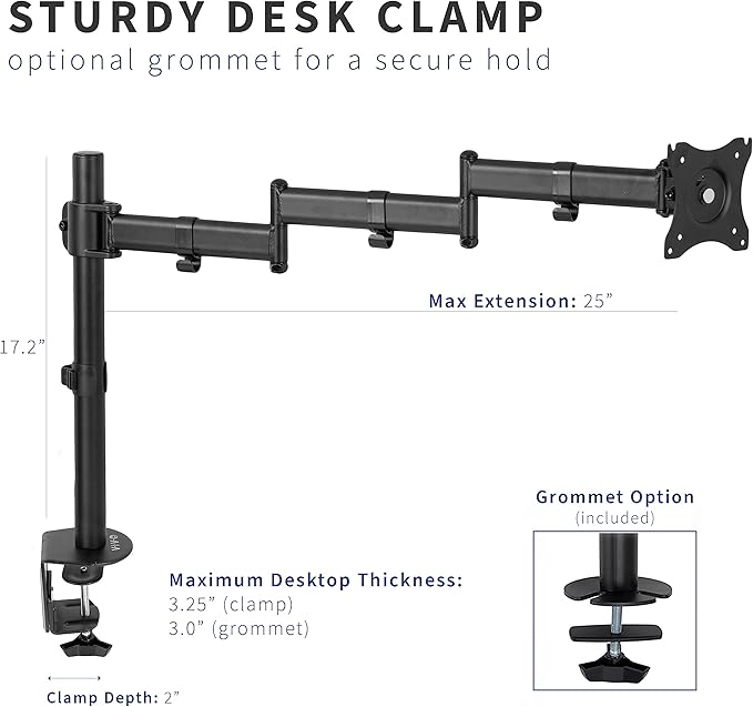 VIVO Single 13 to 32 inch Computer Monitor Desk Mount, Extra Long Adjustable Arm, VESA Stand for 1 Screen, Max VESA 100x100, Black, STAND-V101N