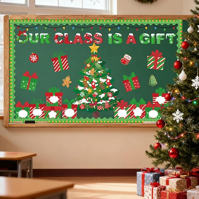 Christmas Bulletin Board Decorations - Christmas Tree Classroom Decorations Set Xmas Gift Box Paper Cutouts Bulletin Board Decor School Chalkboard Office Wall Decor Supplies