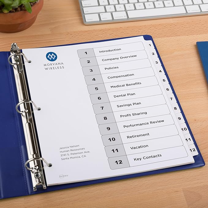 Avery Dividers for 3 Ring Binders, 12 Tabs per Set, Customizable Table of Contents, Classic White Tabs, Great for Organizing Reports, Projects, and More (11140)