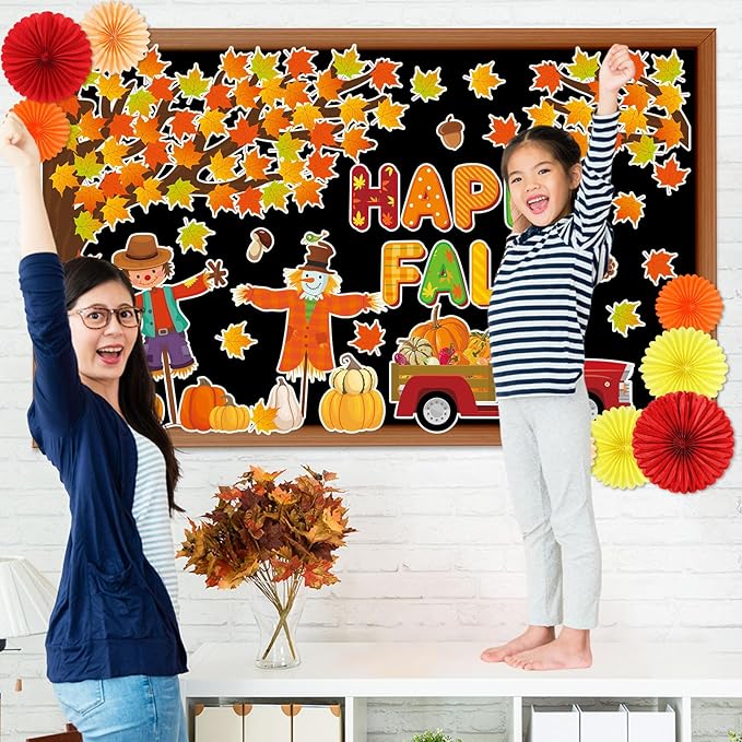 3D Happy Fall Bulletin Board Set Thanksgiving Autumn Classroom Decorations Autumn Tree Maple Leaf Pumpkin Scarecrow 71Pcs Paper Cutouts Fans for September Thanksgiving Chalkboard Home Wall Supplies