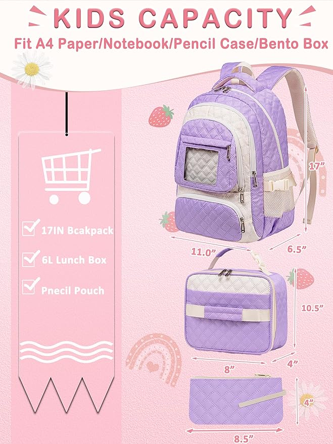 Purple Girls Backpacks with Lunch Box for Teens Kids for Age 6-8 8-10 10-12 Cute School Bag for Middle High School Primary Preppy Bookbag Mochila Para Niñas