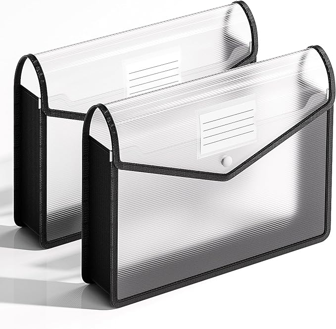 2 Pack Plastic Expanding File Folder, Transparent envelopes with Snap Closure, Fit Letter/A4 Size for School/Office/Home/Hospital, No Dividers, Large Capacity（Black）