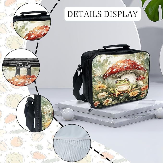 Mushroom Frog Backpack Set 3 Piece School Bags and Lunch Box with Pencil Case Green Cute Frogs Mushrooms Bookbag Set for Toddler Kids Girls Boys Teens Kindergarten Elementary Middle