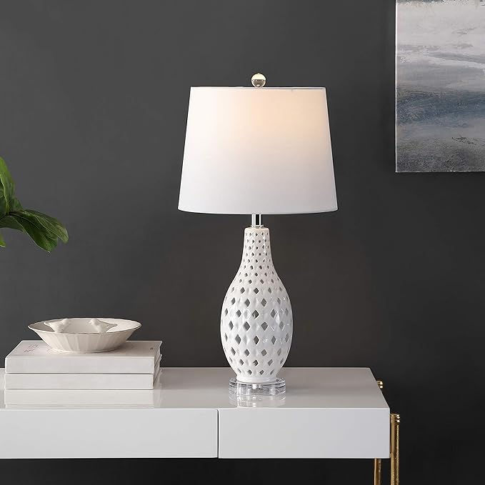 SAFAVIEH Lighting Collection Harlem Trellis White Ceramic 26-inch Bedroom Living Room Home Office Desk Nightstand Table Lamp (LED Bulb Included)