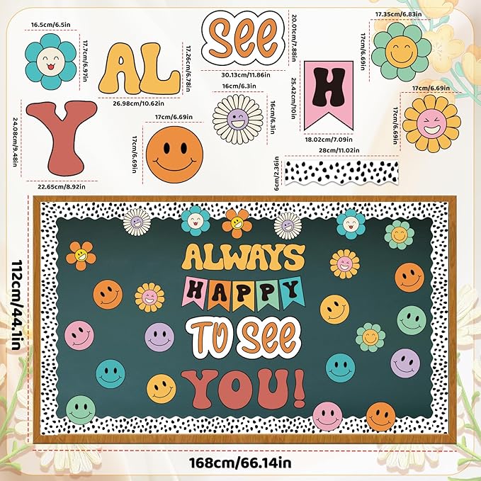 63 Pcs Groovy Bulletin Board Decorations Set Retro Smiley Face Classroom Decor with Black Dots Border Trims for Back to School Classroom Wall Door Decor