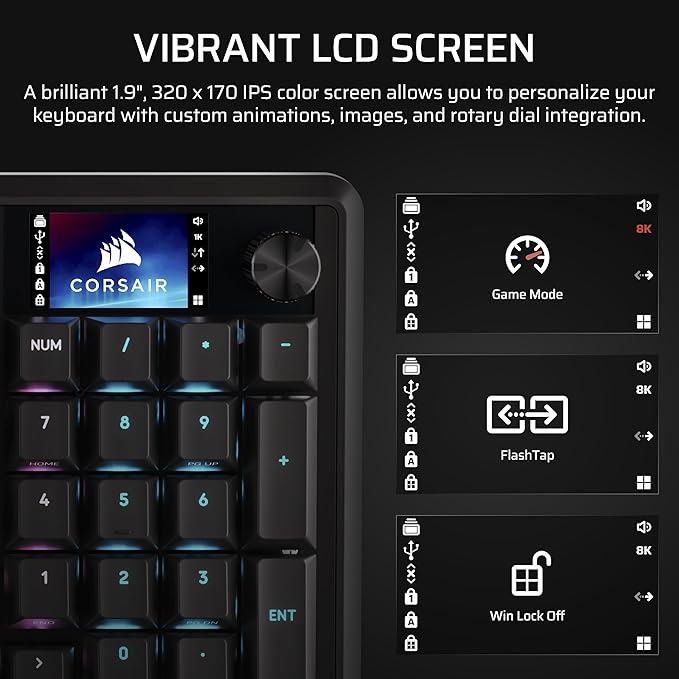 Corsair Vanguard 96 Wired Mechanical Gaming Keyboard – 96% Layout, MLX Plasma Linear Switches, 8000Hz Polling, LCD Display, Virtual Stream Deck, G-Keys, SOCD Flashtap, QWERTY US – Black