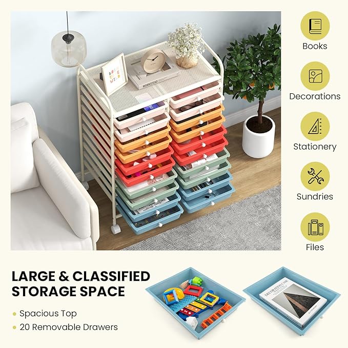 COSTWAY 20-Drawer Rolling Storage Cart, Multipurpose Storage Trolley on Wheels for Home Office, School, Macaron
