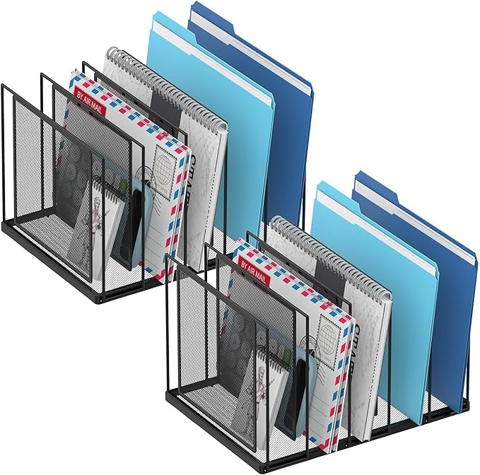 File Organizer for Desk, 5-Section Vertical File Sorter, Paper Holder Organizer Standing Metal File Folder for Office Home Classroom, Black 2 Pack