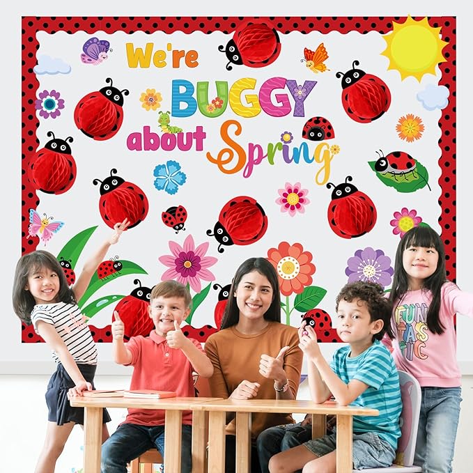 Pajean 73 Pcs 3D Spring Bulletin Board Decorations with Ladybug Honeycomb Spring Bulletin Board Set Colorful Flowers Floral Cutouts for Holiday School Office Home Nursery Wall Decor Supplies