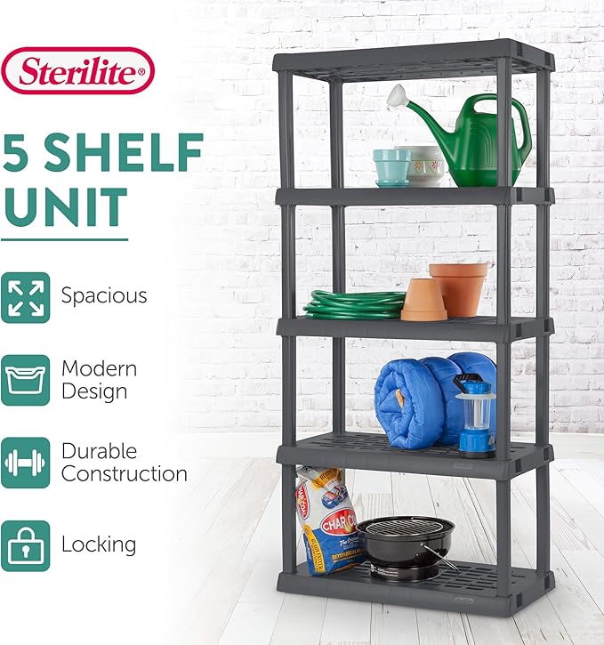 Sterilite 4 & 5 Shelf Plastic Storage Units Bundled with Easy to Assemble Storage Cabinet for Garage, Pantry & Kitchen Organization, 4 Shelves, Gray