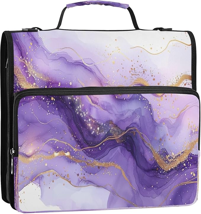 Purple Marble Waterproof Zipper Binder with Shoulder Strap, 3-Ring Trapper Keeper with Lay-Flat Design and Multiple Compartments for School & Office, Adults & Kids