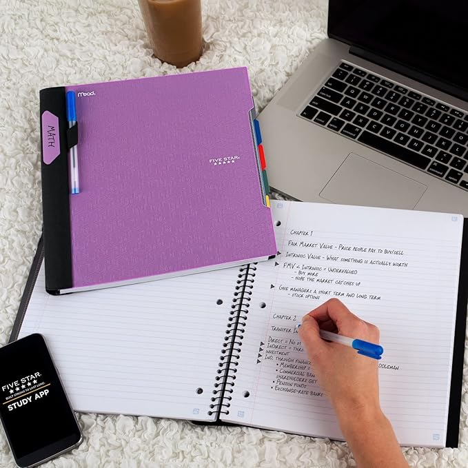 Five Star Advance Spiral Notebook + Study App, 5 Subject, College Ruled Paper, 8-1/2" x 11", 200 Sheets, Spiral Guard, Movable Tabbed Dividers, Amethyst Purple (820013G)