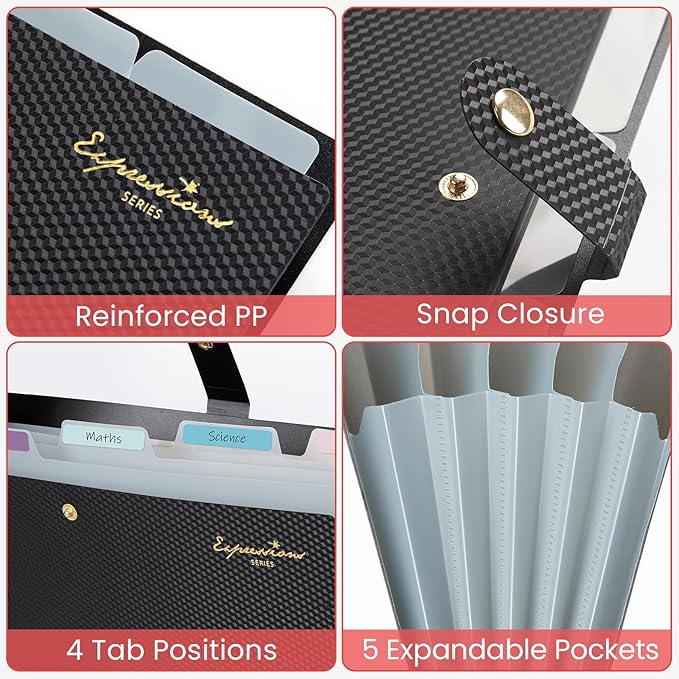 Sooez Accordion File Organizer, Letter Size Expanding File Folder with Labels, 5 Pocket Folders for Document, Portable Paper Bill Receipt Organizer for Home School Office Supplies, A4 Size, Pink