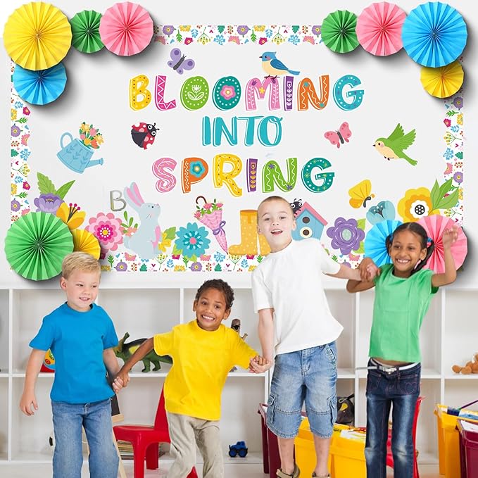 Eersida Spring Bulletin Board Decorations with Paper Fans St Patricks Day 3D Classroom Bulletin Board Christian Easter Flower Bunny Cutouts School VBS Library Church Window Wall Decor(Spring)