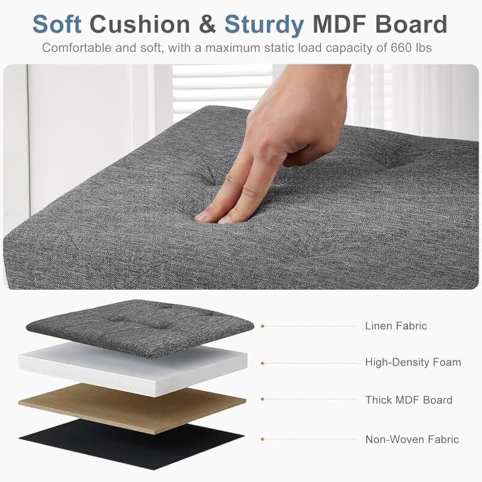 43 Inches Folding Storage Ottoman Bench, Ottoman Foot Rest, Storage Chest, End of Bed Foot Rest Stool with Padded Seat for Living Room, Bedroom, Entryway, Support 660lbs, Linen, Grey