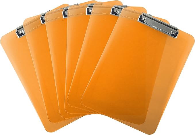 Trade Quest Plastic Clipboard Transparent Color Letter Size Low Profile Clip (Pack of 6) (Orange)