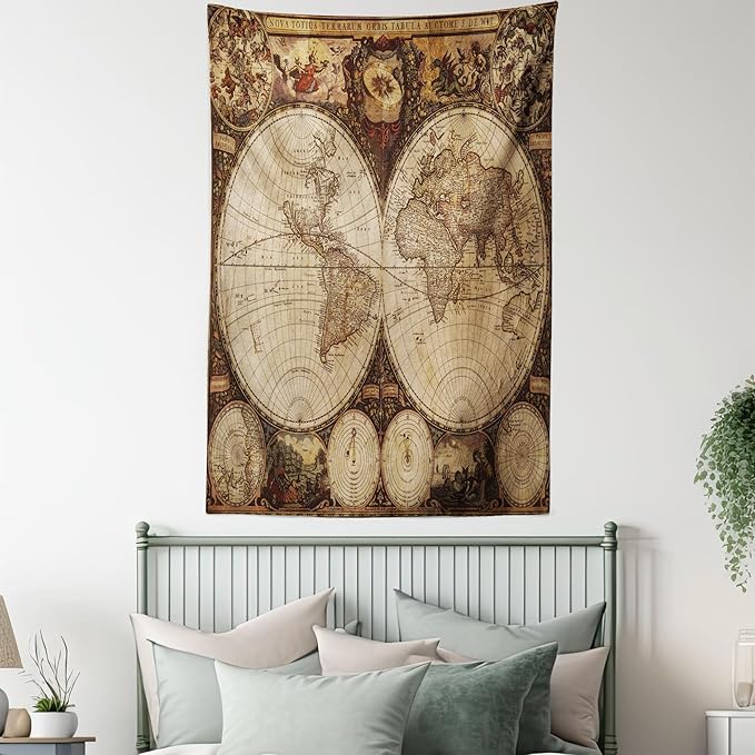 Ambesonne World Map Tapestry, Old World Map Drawn in 1720s Nostalgic Style Art Historical Atlas Vintage Design, Wall Hanging for Bedroom Living Room Dorm Decor, 40" X 60", Multicolor