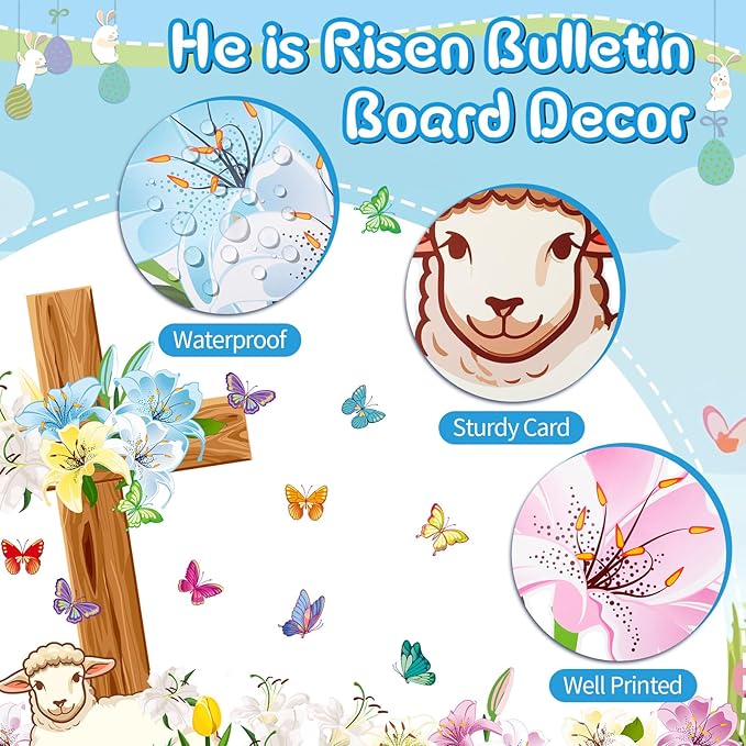 Pajean Easter Bulletin Boards Easter Classroom Decor Christian Religious Bulletin Board He is Risen Cross Bunny Egg Cutouts for Spring School Home Church Wall Door(Butterfly)