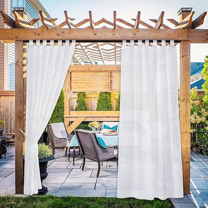 NICETOWN 2 Panels Outdoor Patio Curtains Waterproof, Detachable Sticky Tab Top Indoor Outdoor Sheer Voile Drapes Airy & Elgant Easy Haning for Pergola, W54 x L96, White