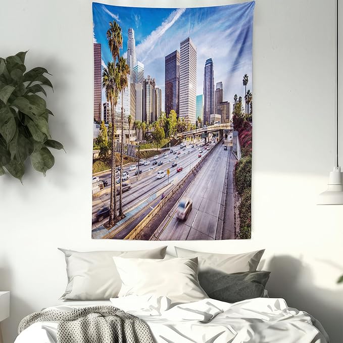 Ambesonne Travel Tapestry, Downtown Cityscape of Los Angeles California USA Avenue Buildings Palms Print, Wall Hanging for Bedroom Living Room Dorm Decor, 40" X 60", Blue Grey Green
