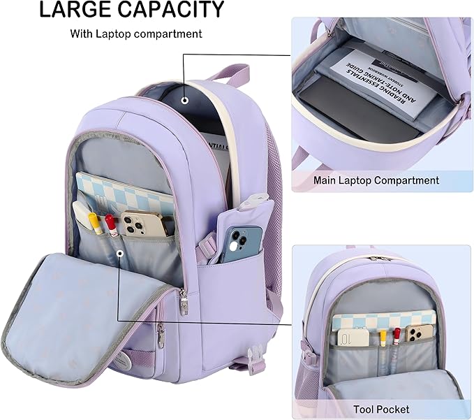 School Backpack for Teen Girls Women College Laptop Backpacks Girl Cute Bookbag Set with Lunch Box Pencil Case Kids Elementary Middle High Bag 3 Pcs Students Bookbags Set Travel Daypack-Purple