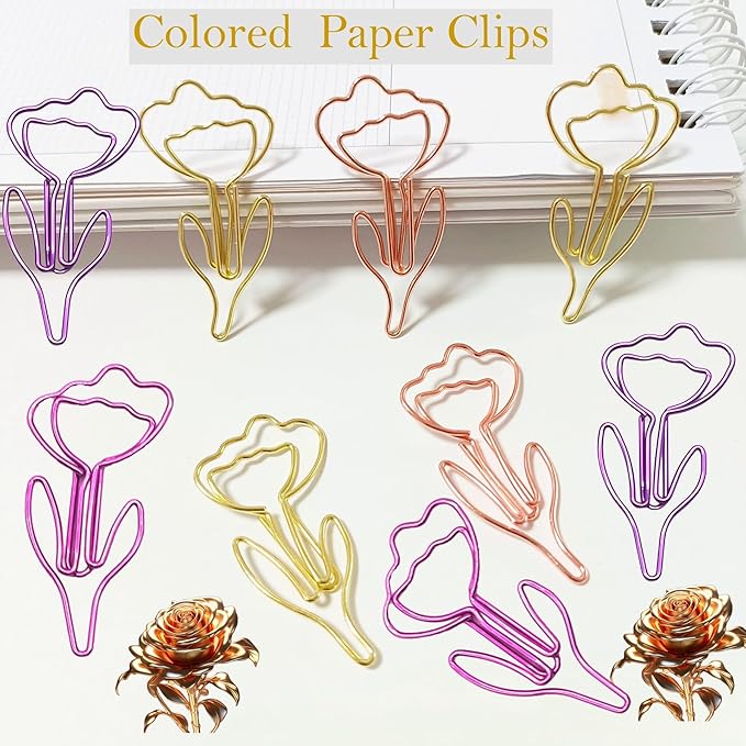 80 Pcs Metal Paper Clips Set - Multicolored Rose-Shaped Cute Paperclips for School and Office File Organization, Suitable for Party and Wedding Decor (ROSEFLOWER)
