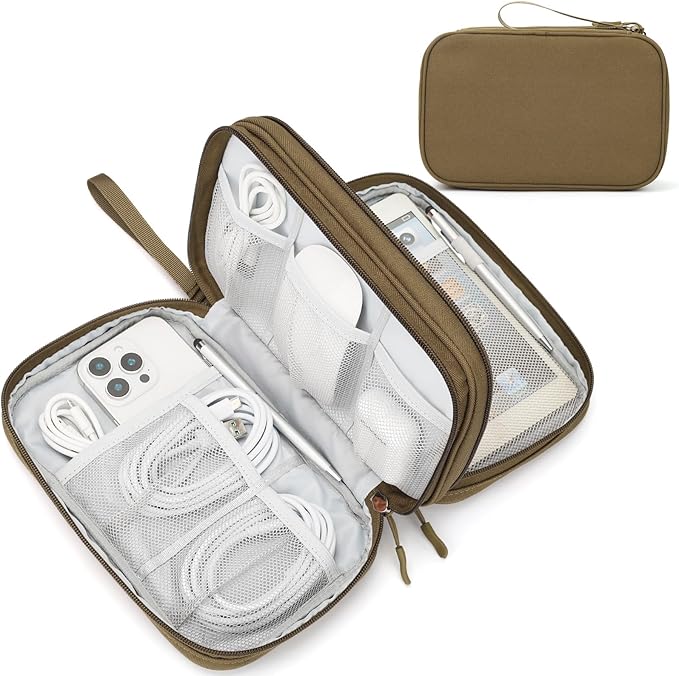 FYY Electronic Organizer, Large Travel Cable Organizer Bag Pouch Electronic Accessories Carry Case Portable Waterproof Double Layers All-in-One Storage Bag for Cable, Cord, Charger, Phone, Brown
