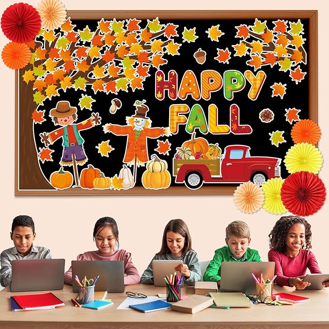3D Happy Fall Bulletin Board Set Thanksgiving Autumn Classroom Decorations Autumn Tree Maple Leaf Pumpkin Scarecrow 71Pcs Paper Cutouts Fans for September Thanksgiving Chalkboard Home Wall Supplies