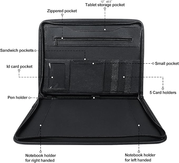 Godery Zippered Padfolio Portfolio Binder, Leather Business Portfolio, & 8.5 x 11 Legal Pad, Office Supplies Organizer, Black Zippered Pocket, Planners, Resume, Briefcase for Travel and Interview