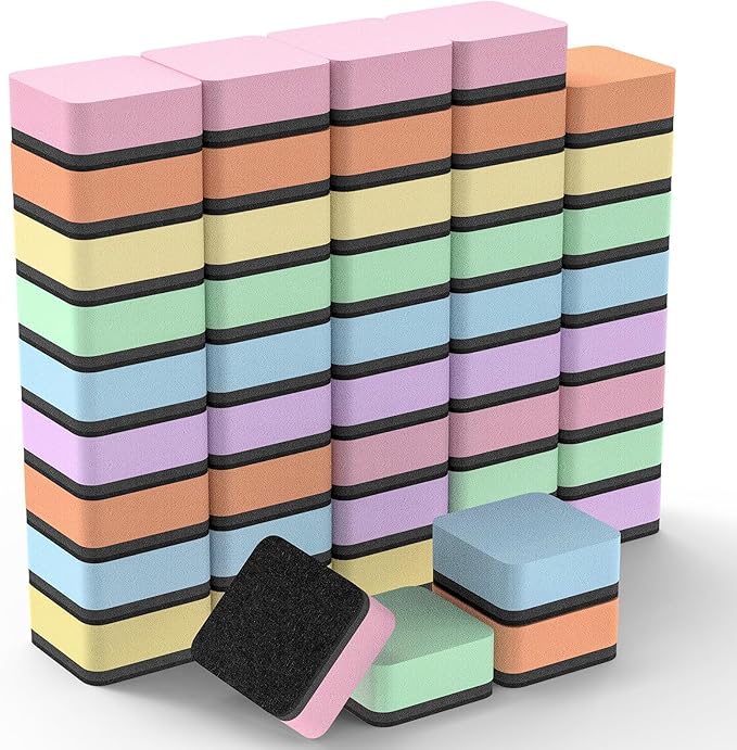 MaxGear Whiteboard Erasers, 48 Pack Magnetic Dry Erase Erasers for Classroom, Mini Whiteboard Cleaning Pads, Chalkboard Wiper Teacher Supplies for School, Office, Home, 6 Macaron Color Set, 2 x 2 Inch