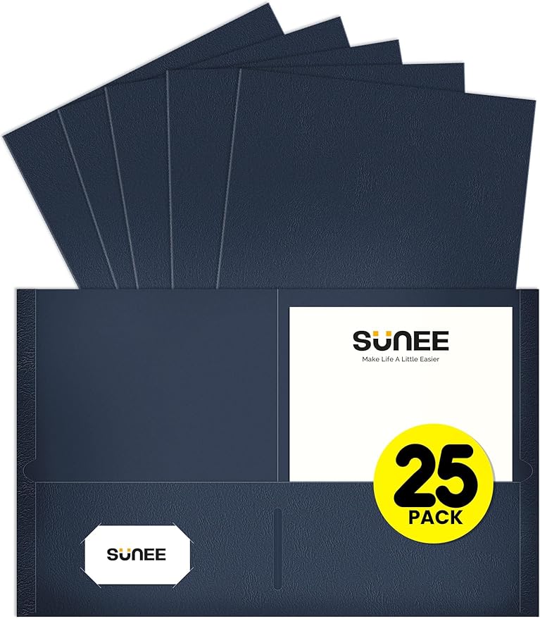 SUNEE Folders with Pockets(25 Pack, Dark Blue), 2 Pocket Folders Fit Letter Size Paper, Paper File Folder for School Office Home Business
