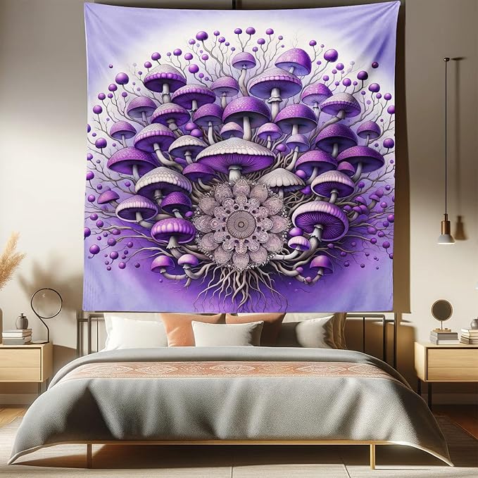 Ambesonne Purple Tapestry Queen Size, Abstract Psychedelic Mushrooms Branching with a Universe Mandala Pastel Backdrop, Wall Hanging Bedspread Bed Cover Wall Decor, 88" X 88", Lilac Violet