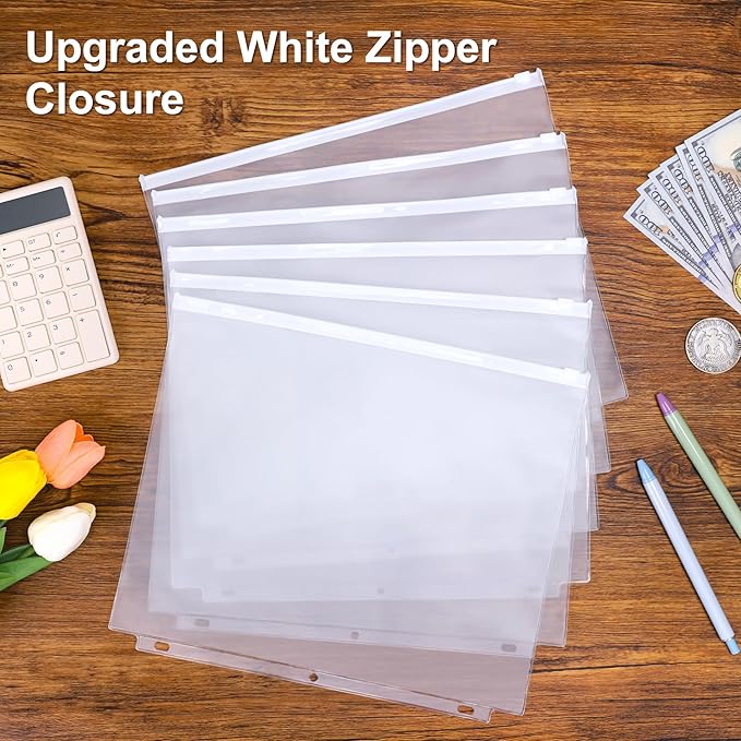 Antner 30pcs Letter Size Binder Pockets for 3 Ring Binder, White Zipper Document Organizer Pouches Heavyweight PVC 3-Hole Loose Leaf File Folders Page Sheet Protectors Side-Loading for Home Office