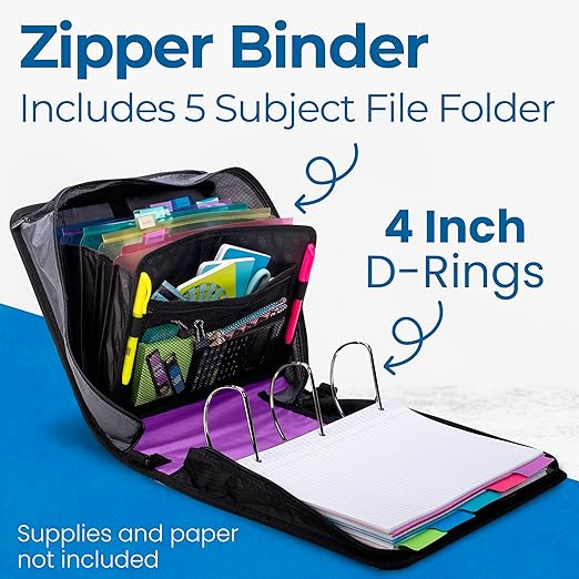 Case-it The King Sized Zip Tab Zipper Binder - 4 Inch D-Rings - 5 Subject File Folder - Multiple Pockets - 800 Sheet Capacity - Comes with Shoulder Strap - Deep Purple D-186
