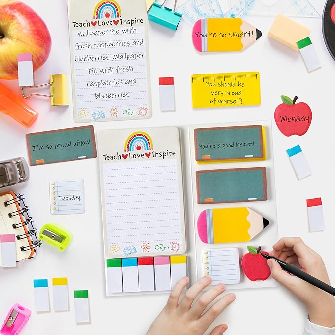Xqumoi 4 Pack Teaching is A Work of Heart Sticky Notes Set - Ruler Blackboard Pencil Apple Shape Self-Stick Note Pads Teacher Appreciation Gift Writing Memo Pads Page Marker School Office Supplies